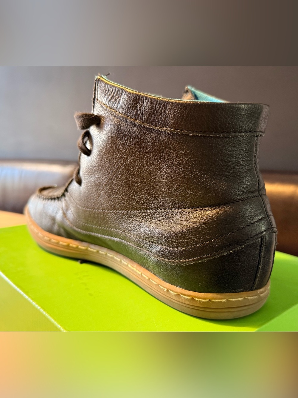 Black Leather Moccasin Kids Shoes with Tan Sole - Picture 5 of 6